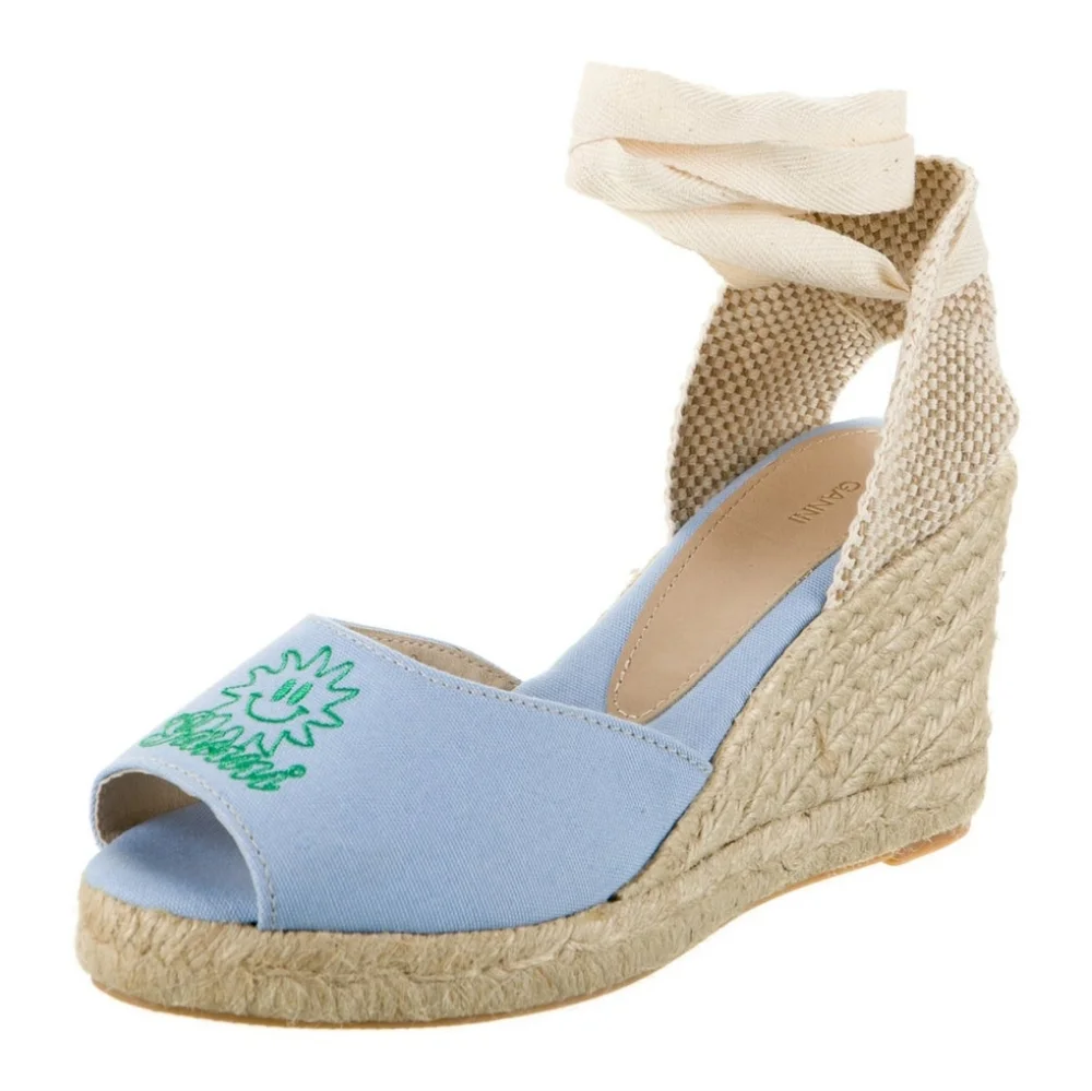 Ganni Women's Size 41 Sun Embroidered Canvas Espadrille Wedges Forever Blue